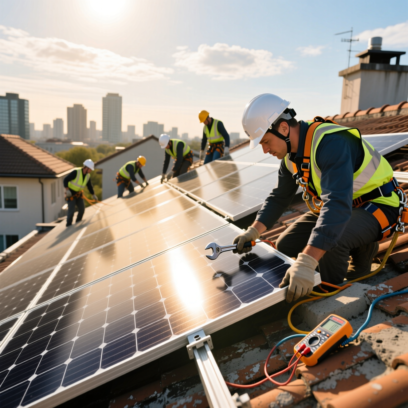 Techniciens installant des panneaux solaires sur un toit